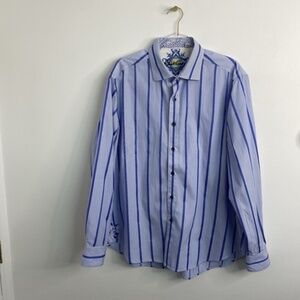 Robert Graham Men's 2XL Embroidered Striped Blue White Flip Cuff Button Up Shirt
